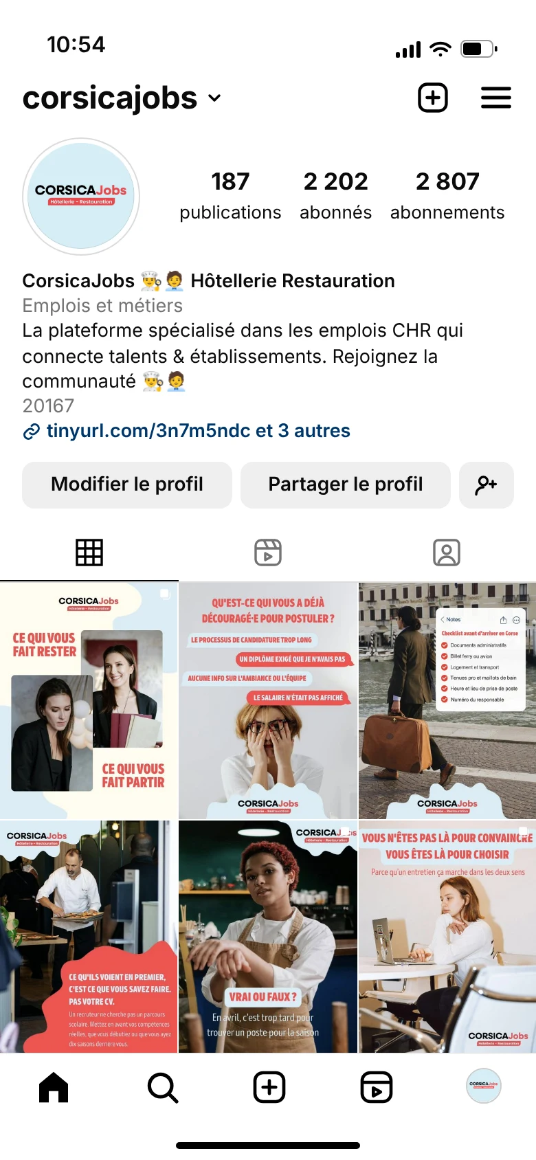 Profil Instagram de CorsicaJobs avec la grille de publications